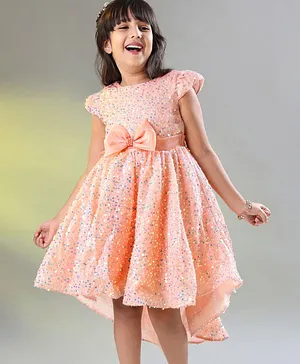 Mark & Mia  Cap Sleeves High Low Sequined Party Frock with Bow Applique - Peach