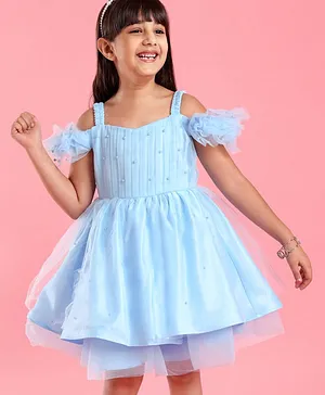 Mark & Mia  Sleeveless  Party Frock with Frill & Pearl Detailing - Blue