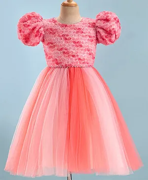 Mark & Mia Puffed Sleeves  Party Frock with Floral Detailing - Pink