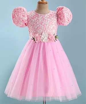 Mark & Mia  Half Sleeves Three Fourth ppppEmbroidered  Party  Frock with Floral  Applique  - Pink