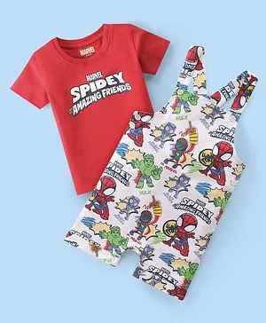 Babyhug Marvel Single Jersey Knit Dungaree With Half Sleeve Inner T-Shirt With Spiderman Print - Red & White