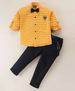 Dapper Dudes Full Sleeves Striped  Shirt With Bow & Pant Suspender - Lemon Yellow