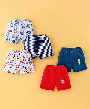 OHMS Single Jersey Knit Knee Length Shorts  Striped & Sailor Theme Print Pack of 5 - Multicolor