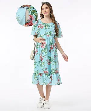Bella Mama Woven Flutter Sleeves Maternity Dress with Side Pockets Floral Print - Turquoise