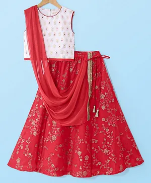 EARTHY TOUCH Viscose Chanderi Floral Gold Foil Printed Sleeveless Choli & Lehenga Set with Dupatta - Red