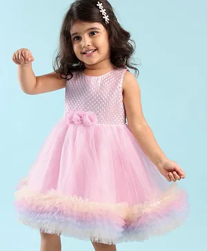 Babyhug Sleeveless Party Frock with Textured Yoke & Floral Applique -  Baby Pink