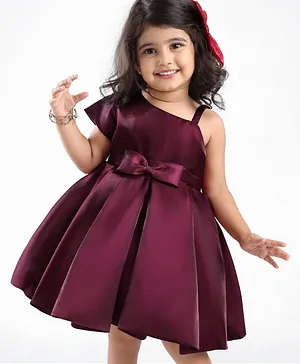 Babyhug Party Wear One Shoulder Pleated Dress With Bow Applique - Maroon