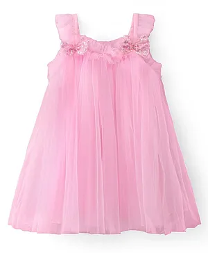 Babyhug Sleeveless Party  Frock with Bow Applique -  Baby Pink