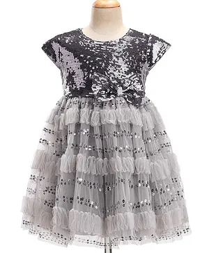 Babyhug Cap Sleeves Party Frock  with Sequinned Yoke & Bow Applique - Grey