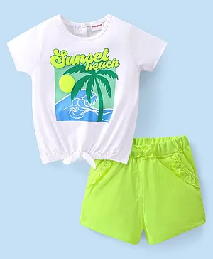 Babyhug 100% Cotton Knit Single Jersey Half Sleeves T-Shirt & Shorts With Beach Theme Print - White & Green