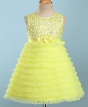 Babyhug Sleeveless  Fit & Flare Ruffled Party Frock  with Sequins Detailing & Floral Applique - Yellow