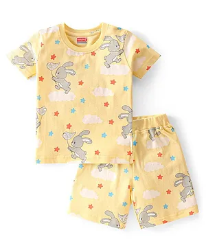 Babyhug Single Jersey Knit Half Sleeves  Shorts Set Night Suit with Bunny Print - Yellow