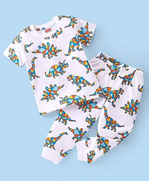 Babyhug Cotton Knit Half Sleeves Night Suit Dino Print -White