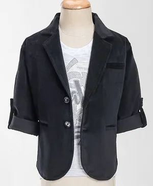Rikidoos Full Sleeves Solid Blazer With Text Printed Tee - Black & Melange Grey
