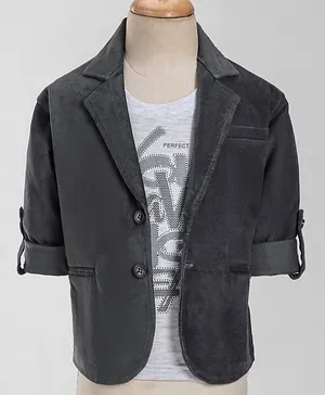 Rikidoos Full Sleeves Solid Blazer With Text Printed Tee - Dark Grey & Melange Grey