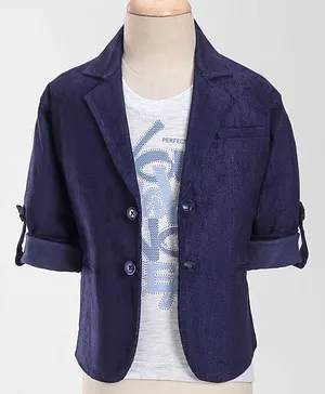 Rikidoos Full Sleeves Solid  Blazer With Text Printed Tee - Purple & Melange Grey