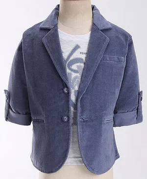 Rikidoos Full Sleeves Solid  Blazer With Text Printed Tee - Light Blue & Melange Grey