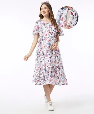 Bella Mama Woven Flutter Sleeves Maternity Dress With Pockets Floral Print - White