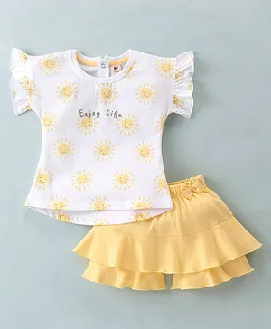 ToffyHouse 100% Knitted Cotton Half Sleeves Top & Skirt Set Sunshine Print - Lemon Yellow
