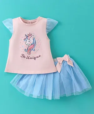 ToffyHouse 100% Knitted Cotton Cap Sleeves Top & Skirt Set Unicorn Print - Peach