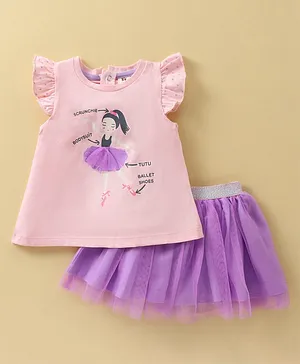 ToffyHouse 100% Knitted Cotton Frill Sleeves Top & Skirt Set Girl Print - Mauve