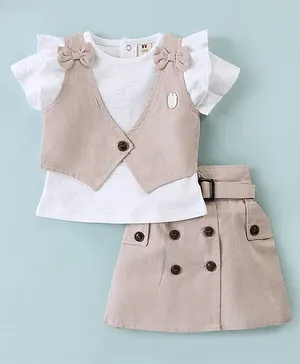 ToffyHouse Cotton Half Sleeves Top with Striped Corduroy Jacket & Skirt Set - Beige