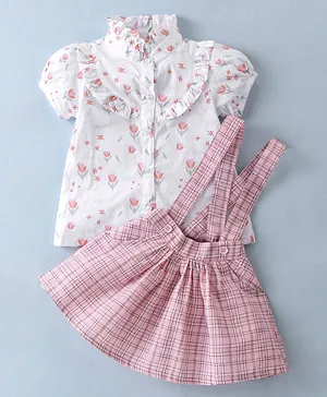 ToffyHouse 100% Woven Cotton Poplin Half Sleeves Top with Yarn Dyed Checks Skirt Set - Pink & White