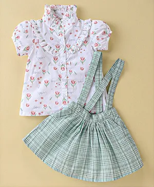 ToffyHouse Half Sleeves Top & Skirt Checkered & Floral Print - White Pink & Green