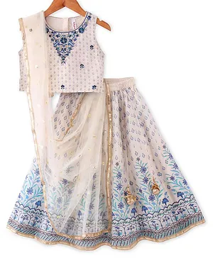 Babyhug Woven Sleeveless Embroideried Choli Lahenga with Dupatta Floral Print - White