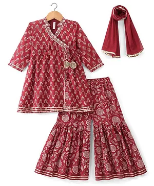 Babyhug 100% Cotton Woven Three Fourth Sleeves Kurti Palazzo & Dupatta Floral Print - Maroon