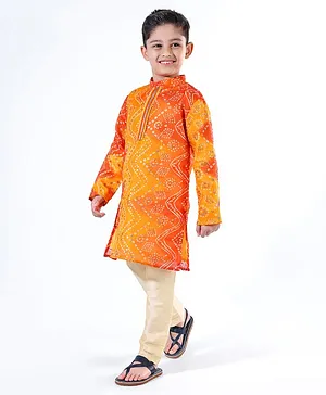 Earthy Touch Woven Full Sleeves Kurta & Pyjama Set With Foil Ikat Print - Orange & Yellow