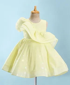 Rassha Sleeveless Star Foil Printed Frill Detailed Flared Dress - Lemon Yellow