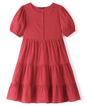 Pine Kids 100% Cotton Knit Half Sleeves With Textured Frock - Red