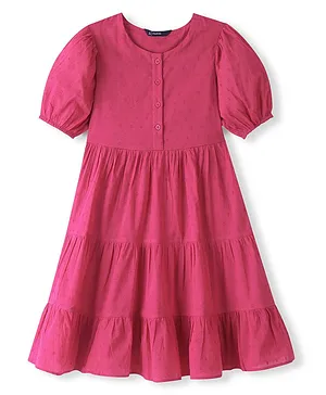 Pine Kids 100% Cotton Knit Half Sleeves With Textured Frock - Pink