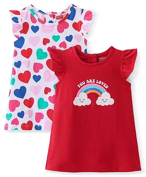 Babyhug Cotton Knit Single Jersey Frill Sleeve Nighty With Heart Print & Rainbow Print Pack Of 2 - Pink & Red