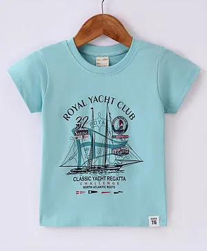 CUCUMBER Sinker Knit Half Sleeves T-Shirt Yacht Print - Blue