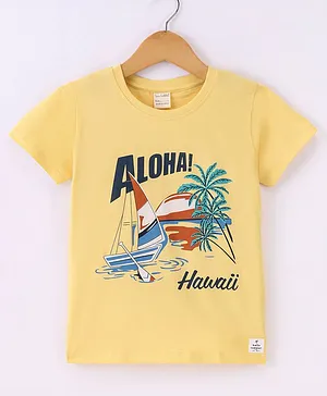 CUCUMBER Sinker Knit Half Sleeves T-Shirt Hawaii Theme Print -   Sunflower Yellow