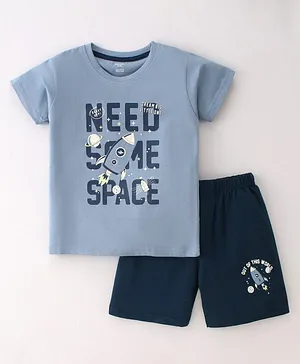 Cucumber Sinker Knit Half Sleeves Space Print T-Shirt and Shorts - Blue