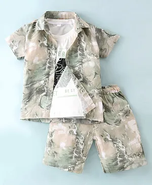 Rikidoos Half Sleeves Abstract Printed Shirt With Coordinating Shorts & Tee - Light Green & White