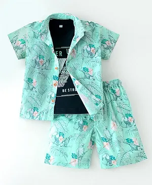 Rikidoos Half Sleeves Leaves Printed Shirt With Coordinating Shorts & Tee - Sea Green