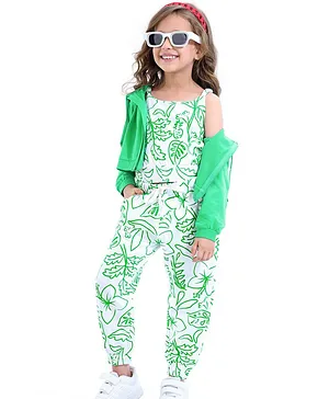 Ollington St. 100% Cotton Co-ord Set Tropical Theme Printed Singlet Top and Jogger with Full Sleeves Hoodie - White & Green