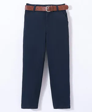 Mark & Mia Full Length Solid Colour Party Wear Trousers With Belt Detailing-Navy Blue