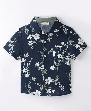 CrayonFlakes Rayon Half Sleeves Floral Printed Shirt - Navy Blue