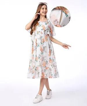 Bella Mama Woven Flutter Sleeves Maternity Dress with Side Pockets Floral Print - White