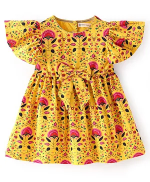 Earthy Touch Cotton Knit Half Sleeves Floral Print Ethnic Dress - Yellow