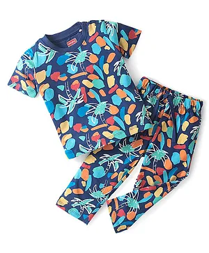 Babyhug Cotton Knit Single Jersey Half Sleeves Night Suit With Tropical Print - Navy Blue