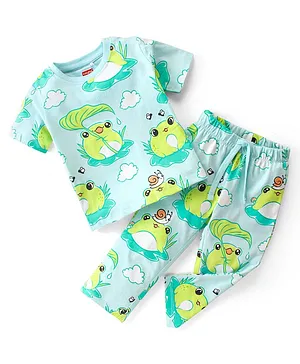 Babyhug Cotton Knit Single Jersey Half Sleeves Night Suit With Frog Print - Green & Blue