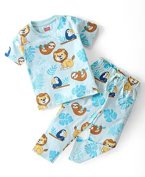 Babyhug Cotton Knit Half Sleeves Night Suit Lion Print -Blue