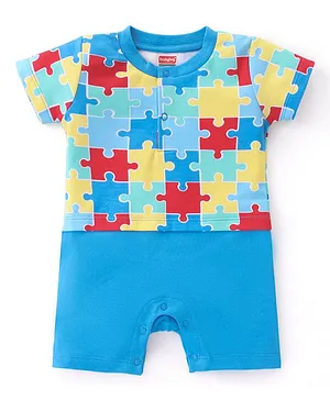 Babyhug 100% Cotton Knit Half Sleeves Romper Puzzle Print - Blue