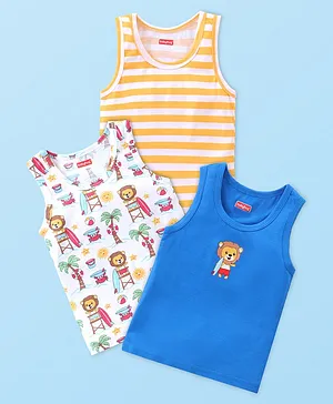 Babyhug 100% Cotton Sleeveless Sando Striped & Lion Print Pack of 3 - Multicolour